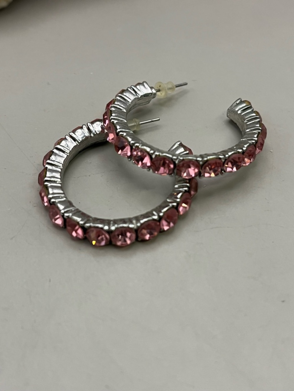 Silver Hoop Earrings with Pink Crystals - Women Jewelry